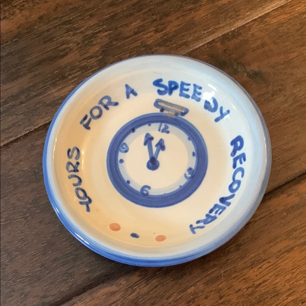 M A Hadley Blue and White Trinket Tray with Wishes for a Speedy Recovery